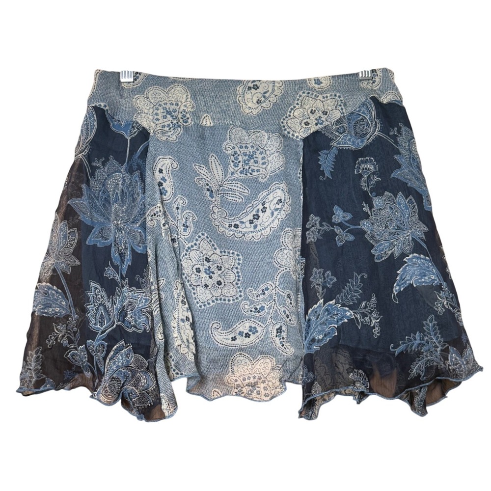 Free People Bayou Combo Blue Paisley Floral Patchwork Mini Skirt Size M NWT